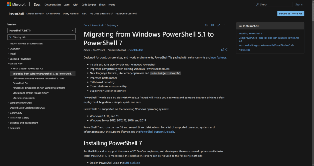 Downloading PowerShell for Windows from Microsoft's Docs website