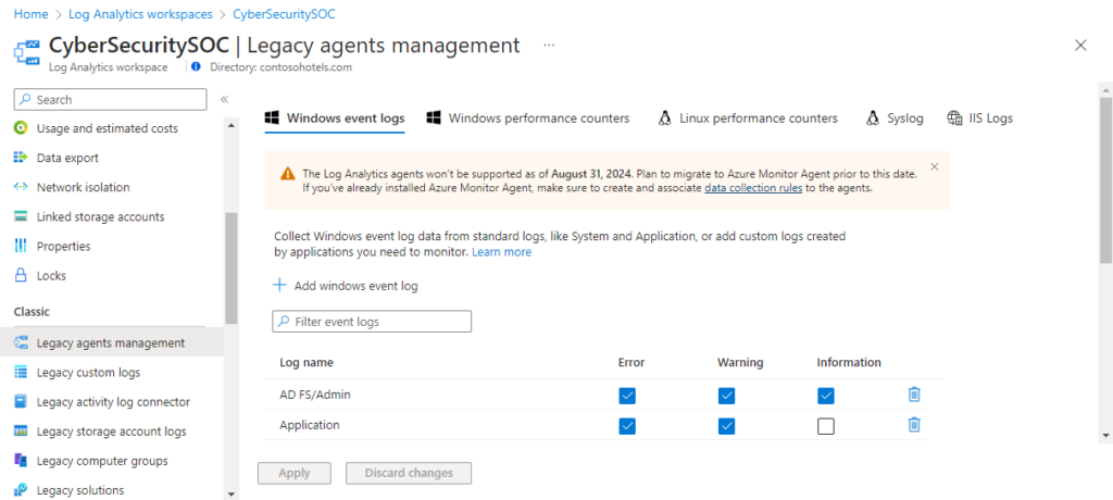Azure Log Analytics Windows Server and Active Directory legacy agents
